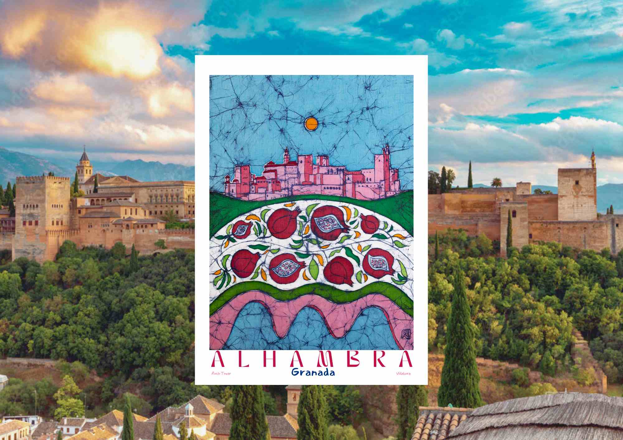 La Alhambra de Granada, jardines, fuentes y granadas en flor